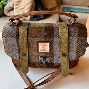 Islander Harris Tweed Medium Satchel Chestnut Plaid Wool Leather Trim New